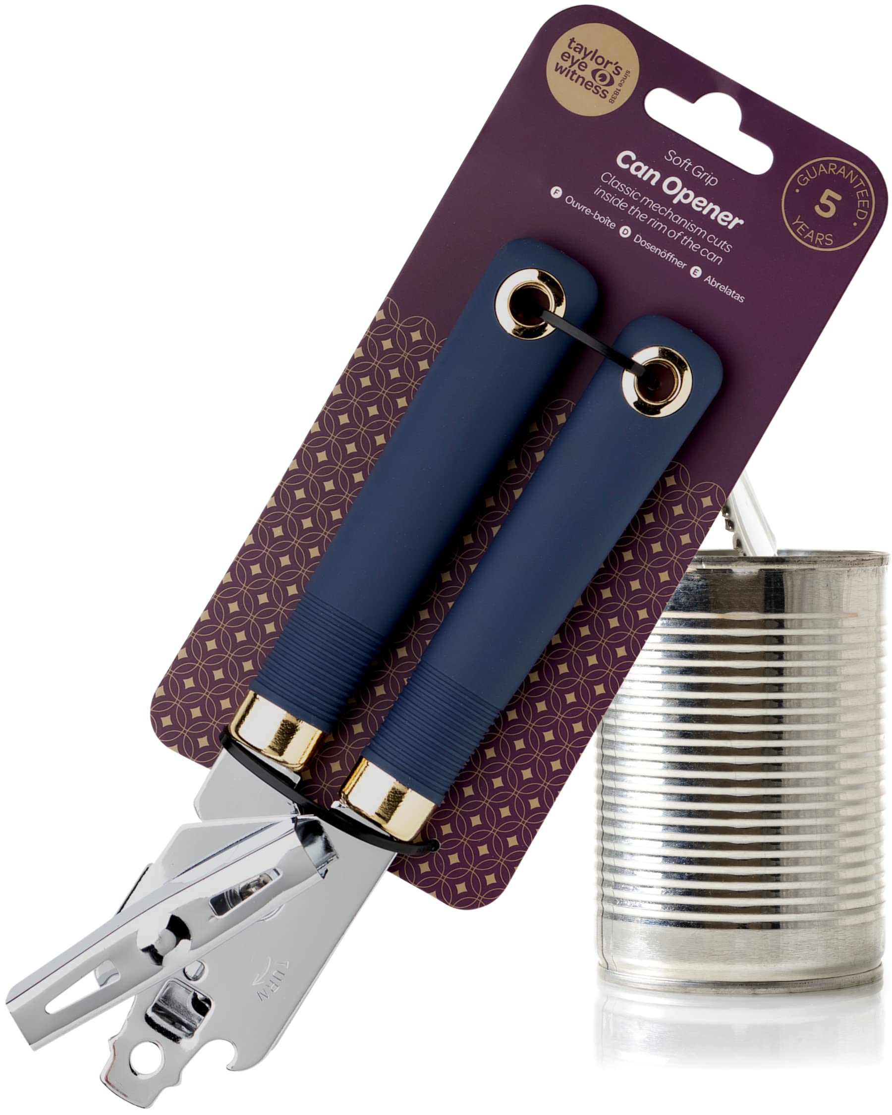 Stainless Steel Can Opener Manual - Easy to Use Turn Mechanism. Handheld Tool, Comfortable Grip. with Bottle Openers and Hole for Kitchen Storage. Tin Openers That Work. 5yr Guarantee, Blue and Gold