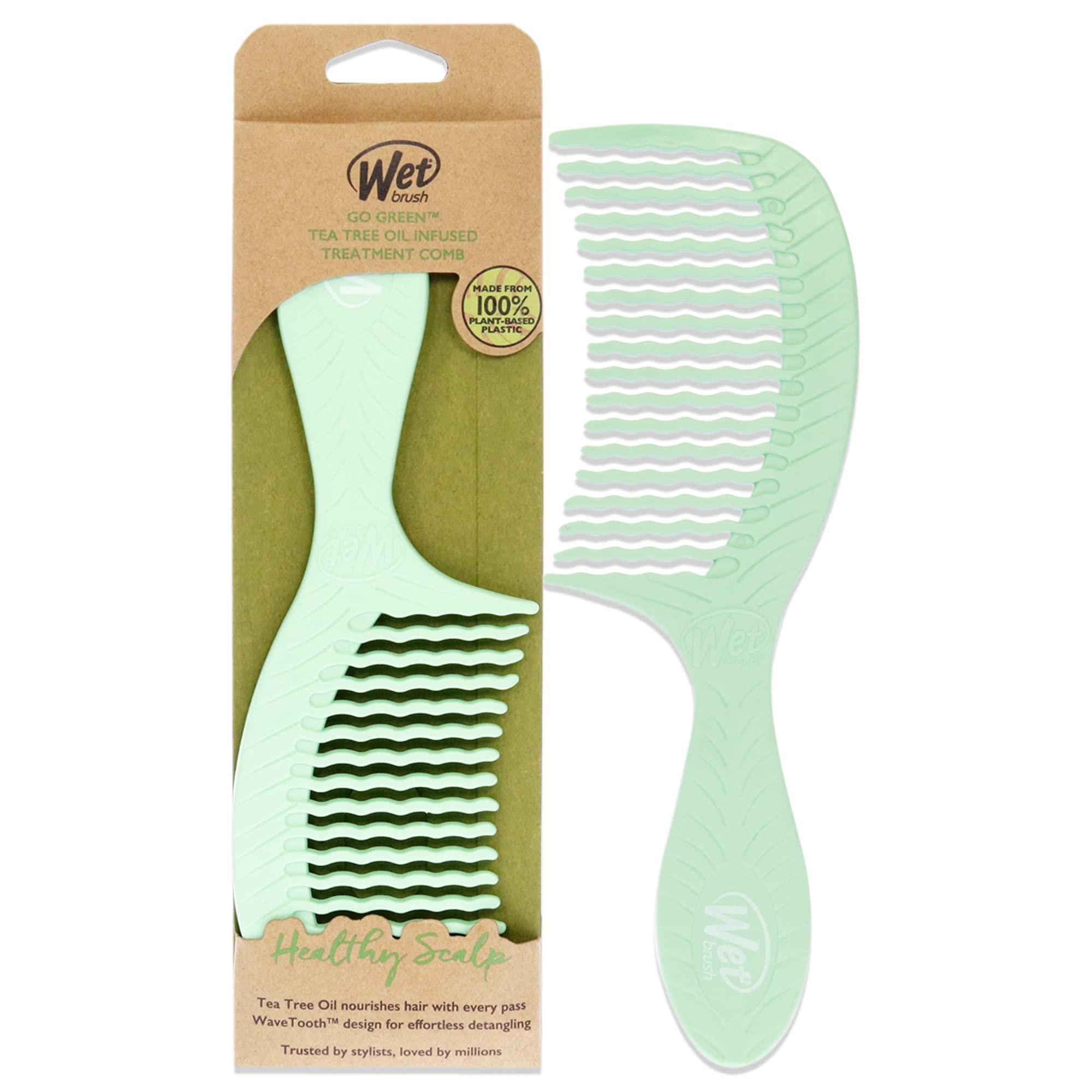 Wet Brush Go Green Tea Tree Oil Infused Treatment Comb - Wide Tooth Hair Detangler with WaveTooth Design that Gently and Glides Through Tangles - No Split Ends and No Damage - 100% Plant-Based Plastic
