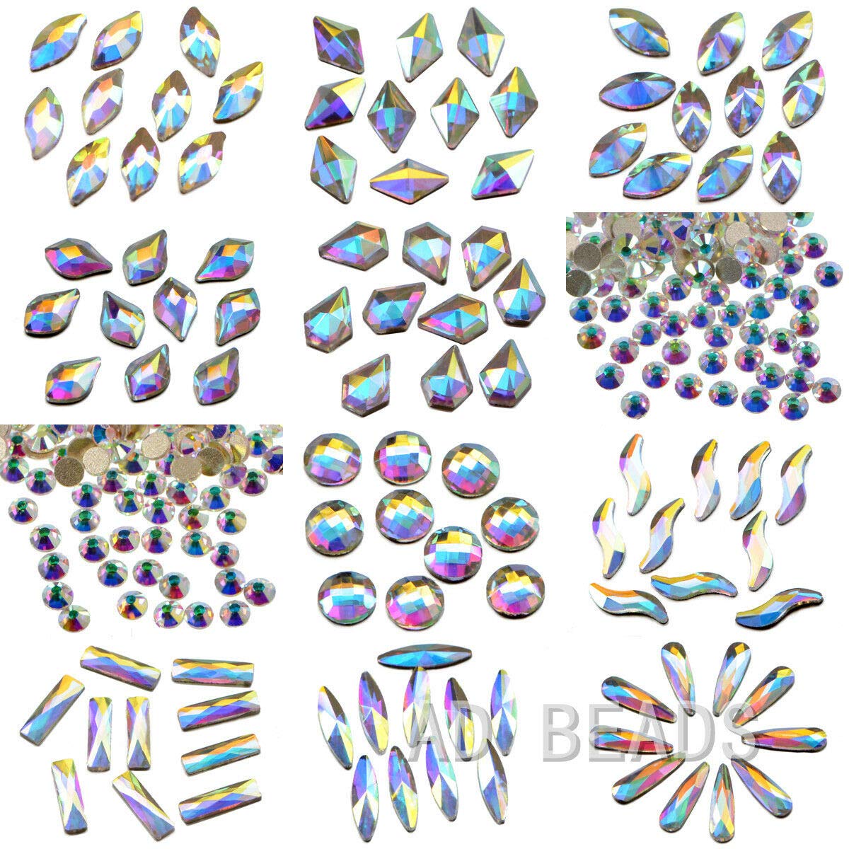 Photo 1 of AD Beads 300 Pieces Flat Back Gems 11 Shapes Crystal Rhinestones 12 Sizes Rhinestones for Crafts Nail Face Art Clothes Shoes Bags DIY(Clear AB)