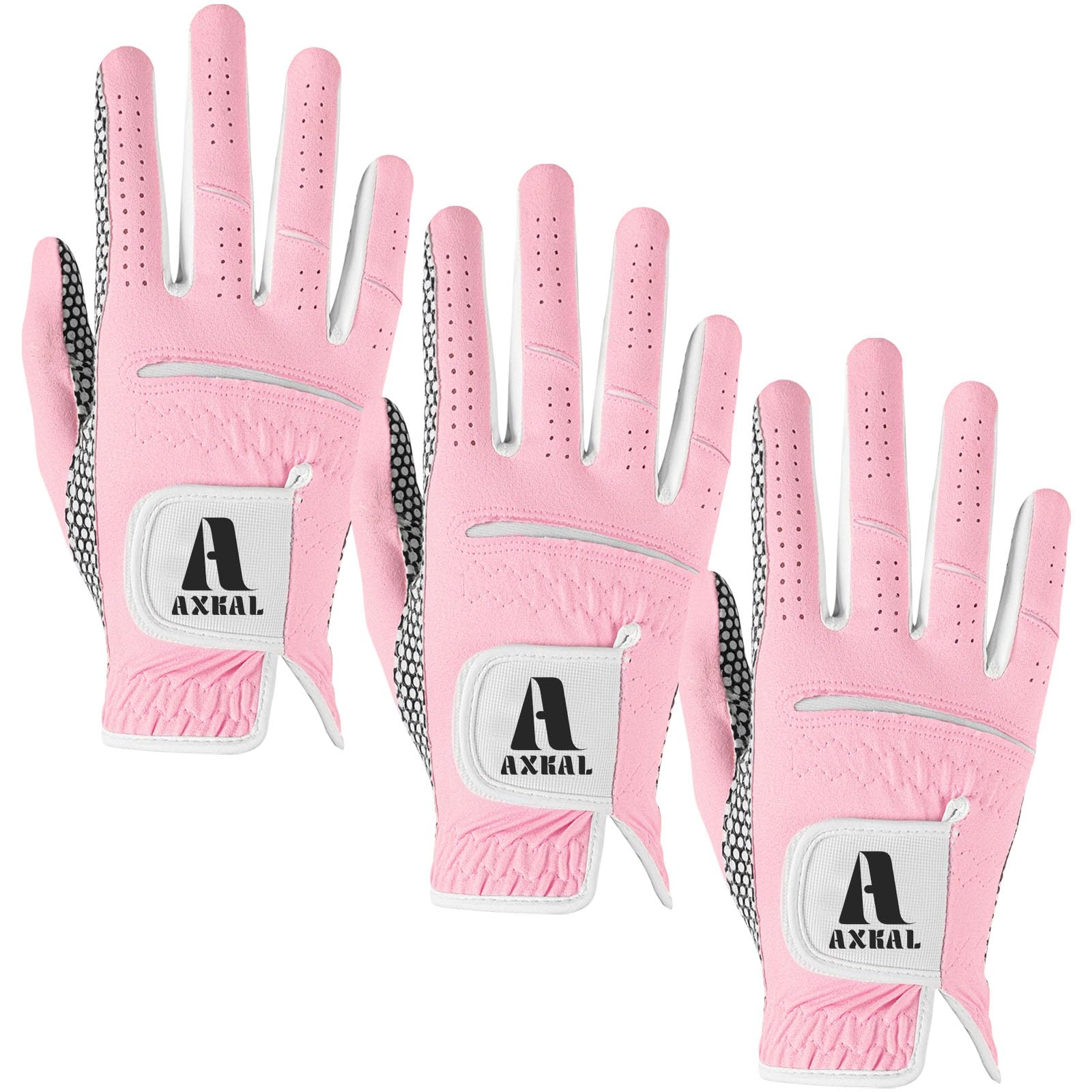 AXKAL Lady Golf Gloves Right Hand Women All Weather Weathersof Grip Fashion Printing Color Value 3 Pack, Golf Glove Soft Breathable Performance (Pink, Right, S)
