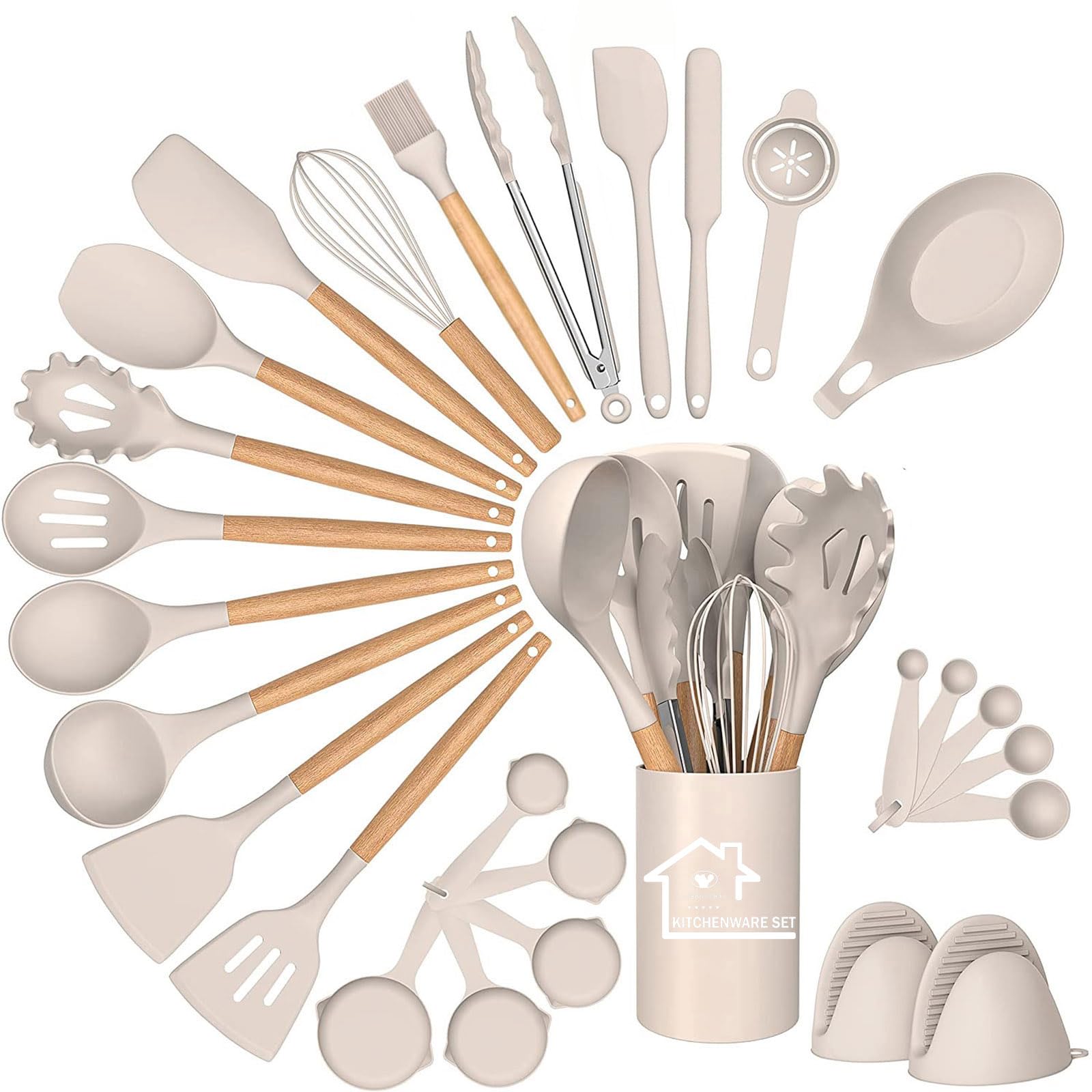 Silicone Kitchen Utensils Set, 28pcs Silicone Kitchen Cooking Utensil Set, Kitchen Tools Spatula Set with Holder for Nonstick Heat Resistant Cookware, Khaki — image 1