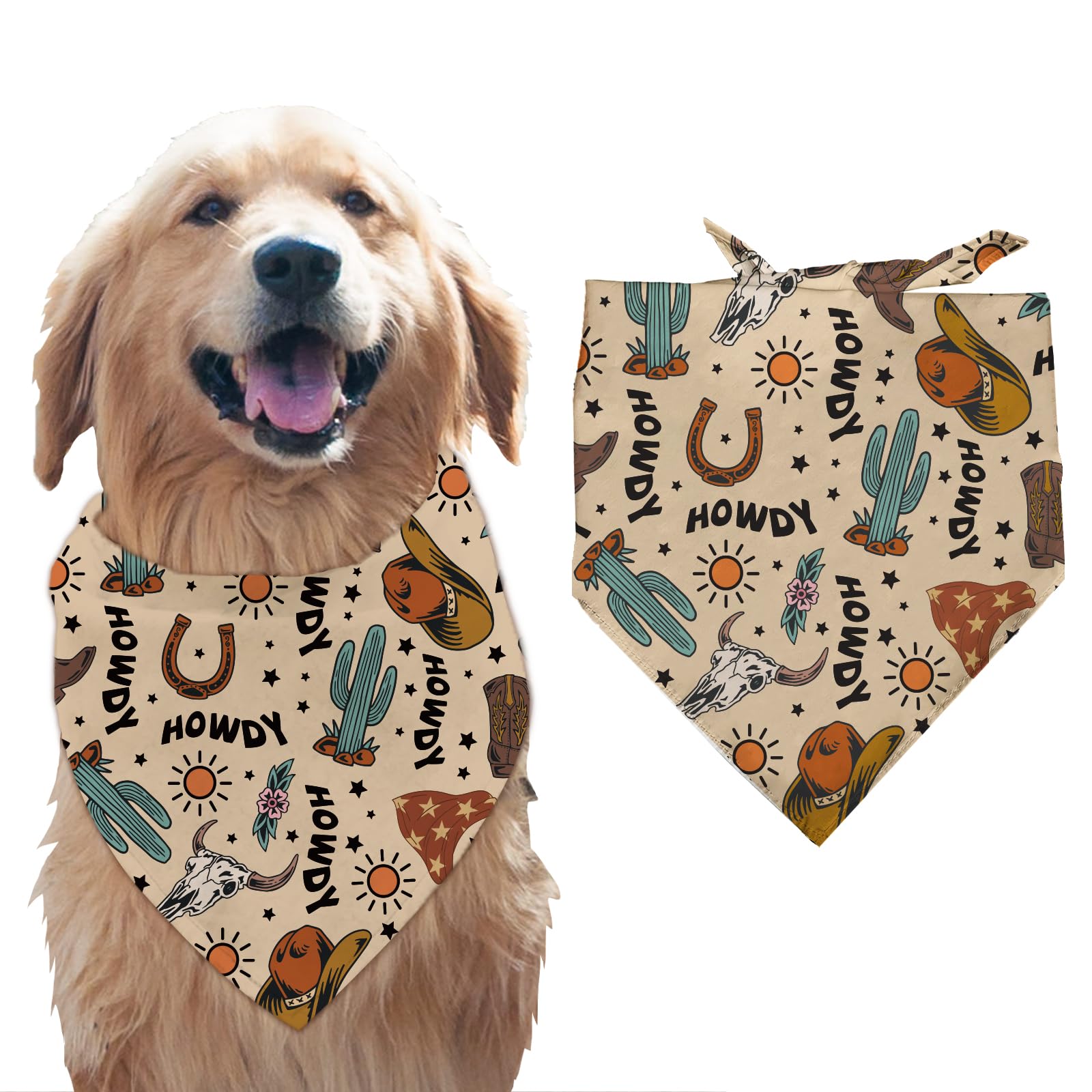 Arricraft 1 Pc Dog Bandana, 78x55cm Brown Cotton Scarf, Cowboy Theme Hats Boots Cow Skull Triangle Pet's Bandana, Adjustable Comfortable Pet Bib, Washable Kerchief for Large Dog