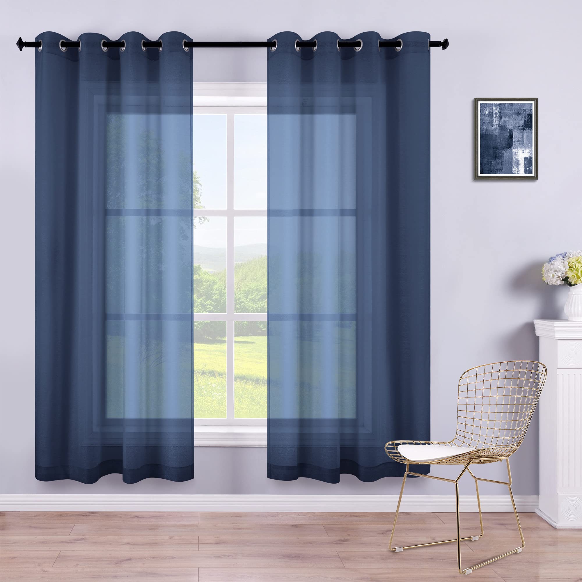 KOUFALL Marineblaue Vorhänge, 160 cm Länge für Jungenzimmer, 2 Paneele, Set, Ösen, Halbschleier, Fenstervorhänge, marineblau, durchscheinende Vorhänge für Wohnzimmer, Sommer, 52x63 cm lang