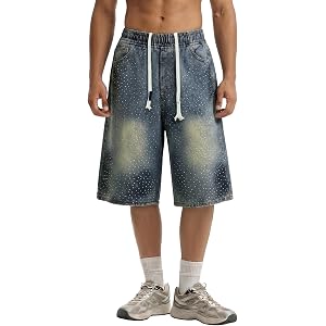 Vamtac Baggy Jean Shorts Men Y2K Rhinestone Denim Jorts Loose Elastic Waist Straight Leg Summer Streetwear