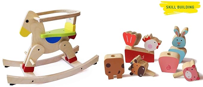 Shumee Wooden Rocking Horse and Farm Animal Twistees Combo- Develops Balance, Motor Skills and Hand-Eye Coordination for Kids (Age 1 Year+)