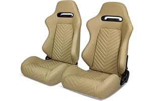 IKON MOTORSPORTS, Universal Racing Seats Pair with Dual Sliders, Brown PU Leather Reclinable Left Right
