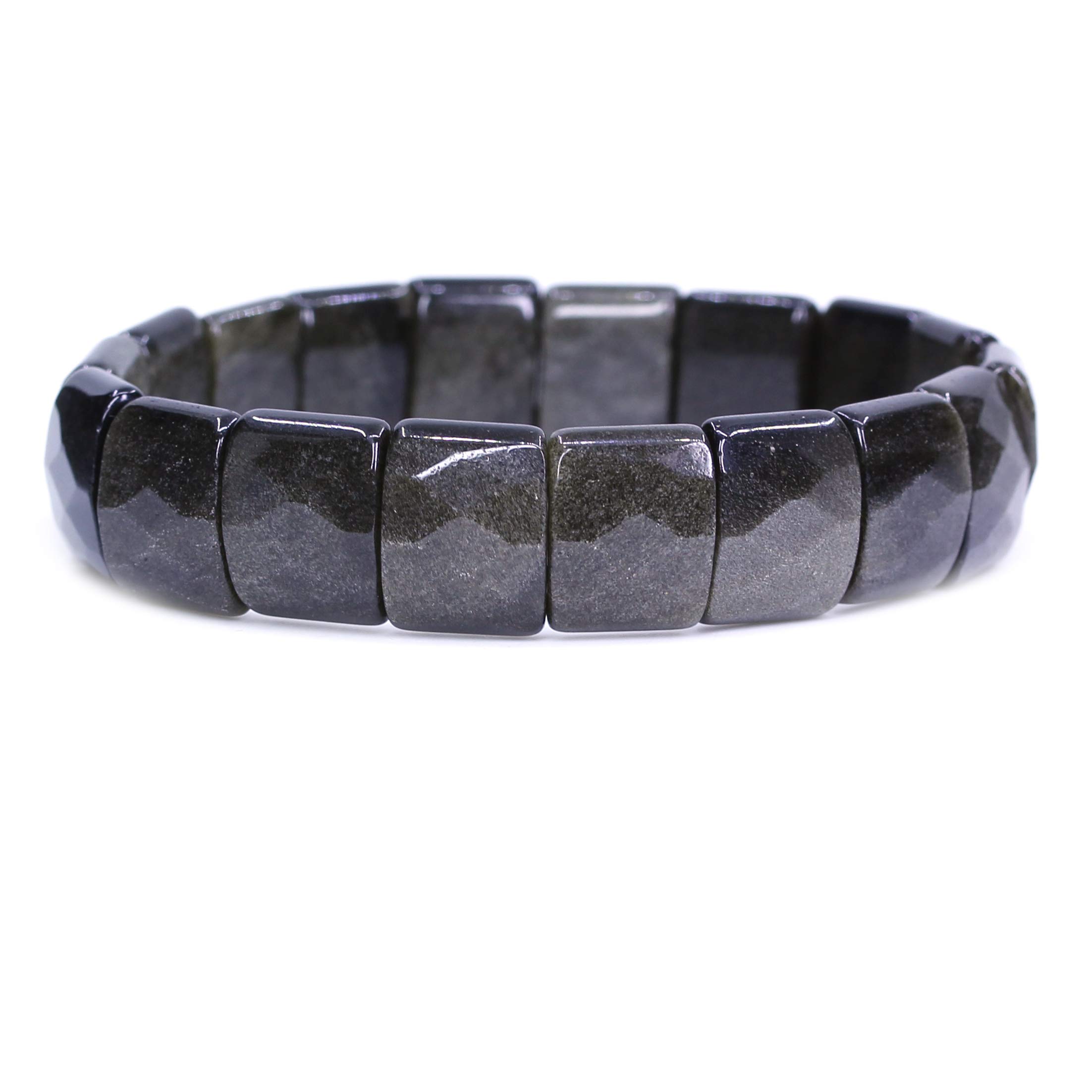 CHENYUE Natural Golden Obsidian Gem Semi Precious Gemstone 15mm Faceted Square Grain Beads Stretch Bracelet 7.5 Inch