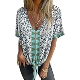 Women's Summer Tops Trendy V Neck Tie Front T-Shirt Casual Short Sleeve Loose Fit Top Blouses