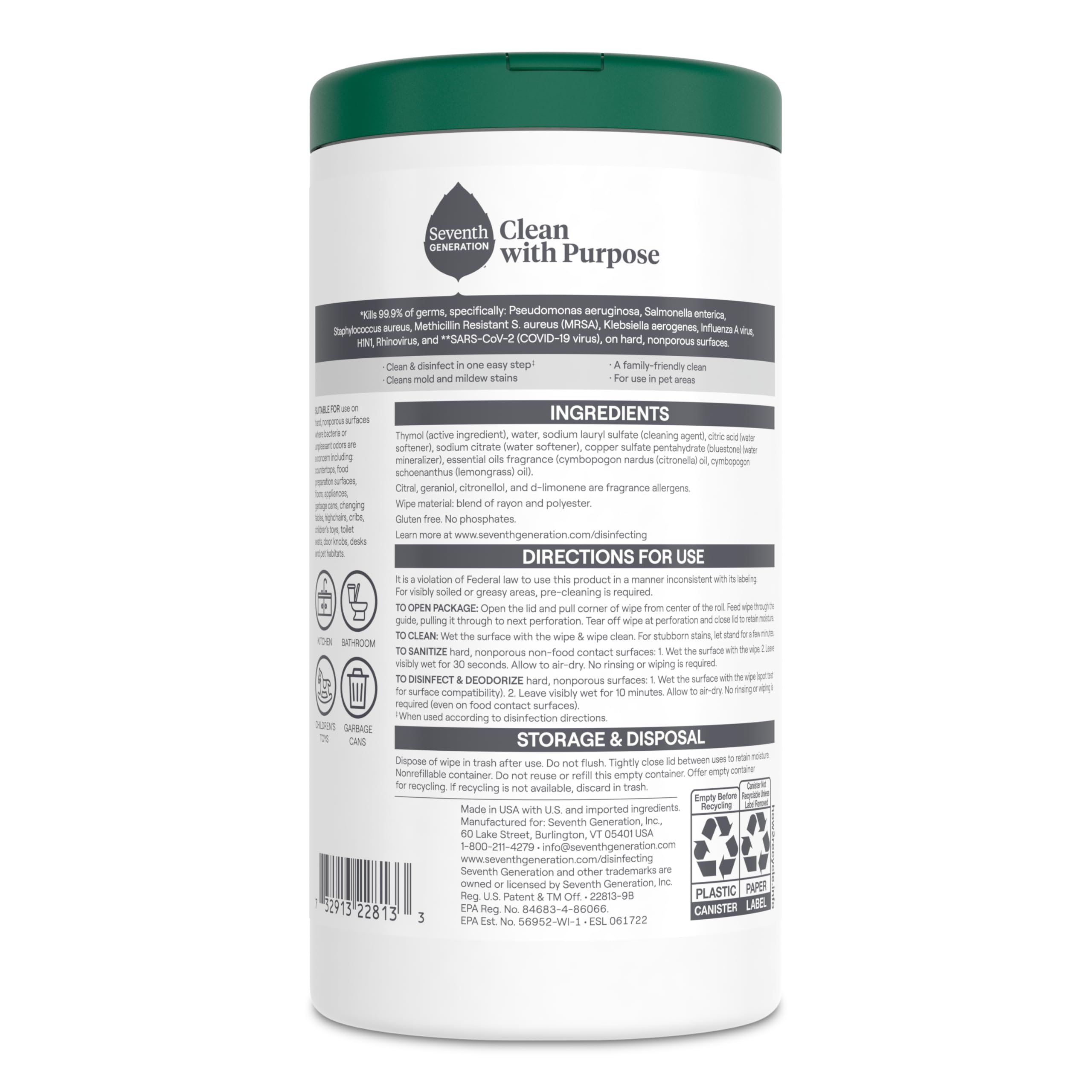 Seventh Generation Disinfecting Multi Surface Wipes, Botanical Disinfectant, 70 Count, Pack of 6