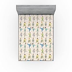 Ambesonne Sports Fitted Sheet Set, Cartoon Karate