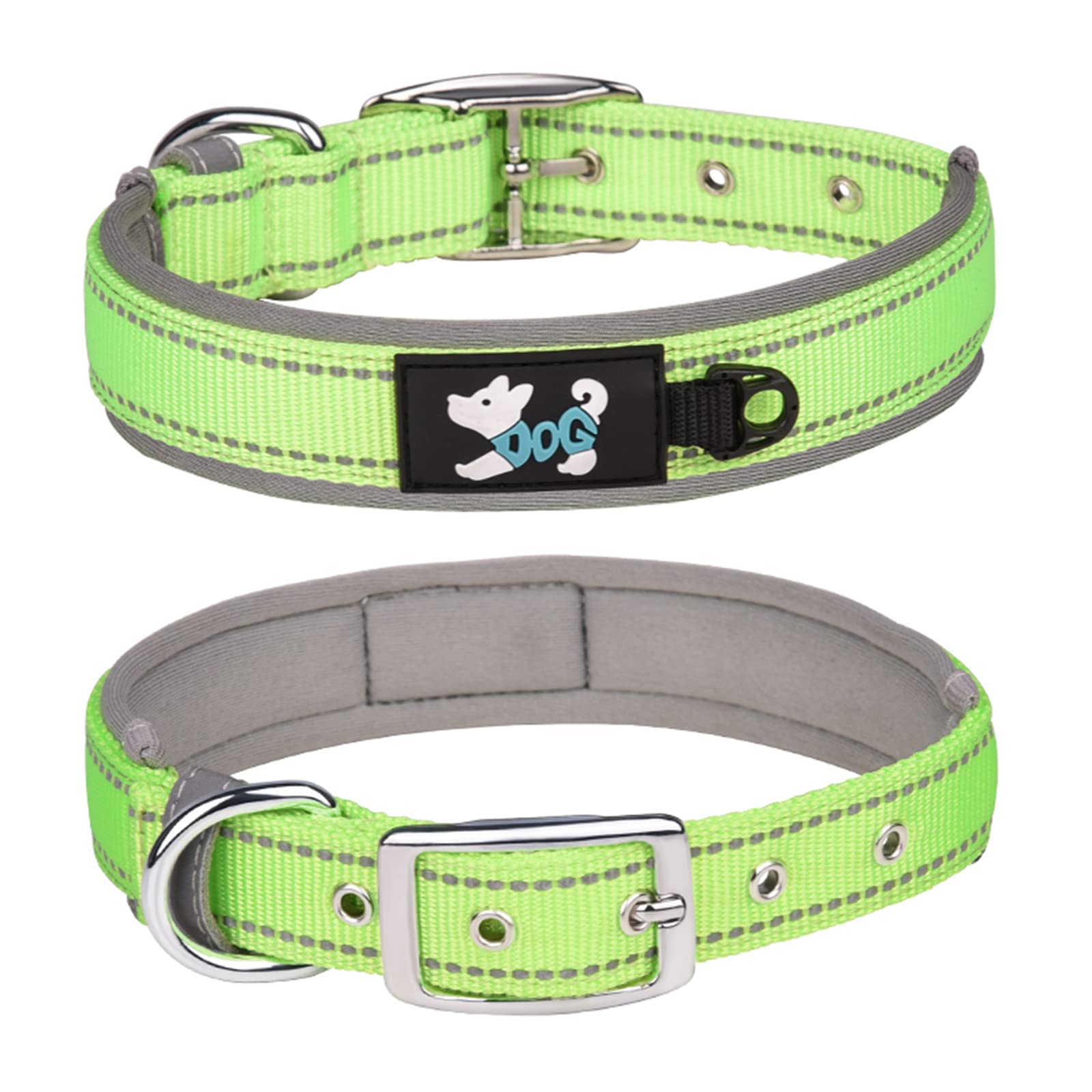 Haoyueer Comfortable Soft Neoprene Padded Dog Collar, Reflective Pet Collar, Adjustable Heavy Duty Nylon Dog Collar for All Breeds Large Dogs (XL, Green-1)