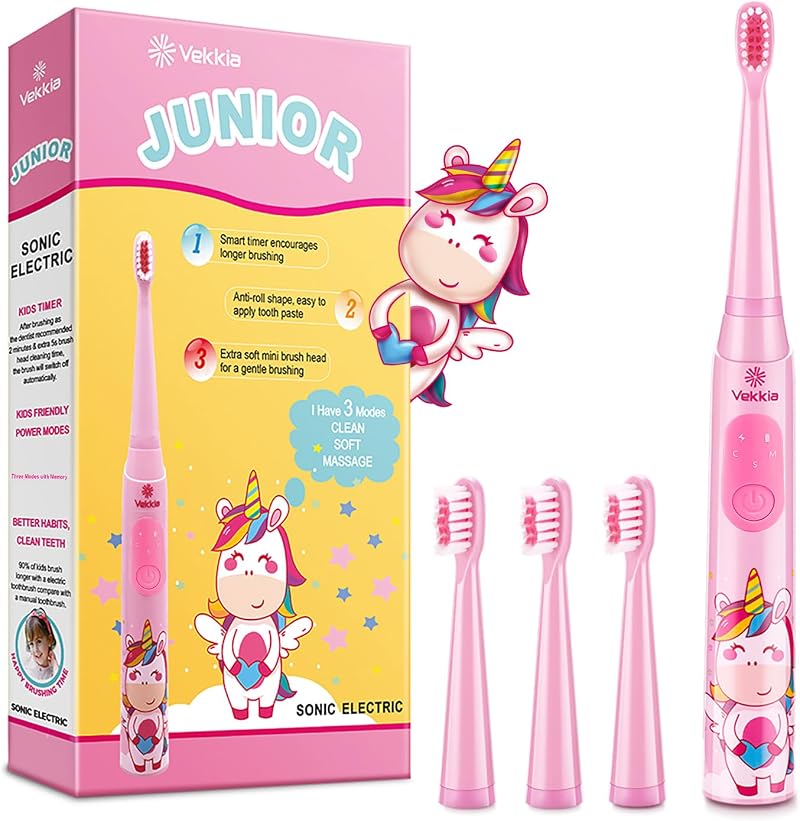 Vekkia Sonic Rechargeable Kids Toothbrush 3 Modes IPX7 Pink
