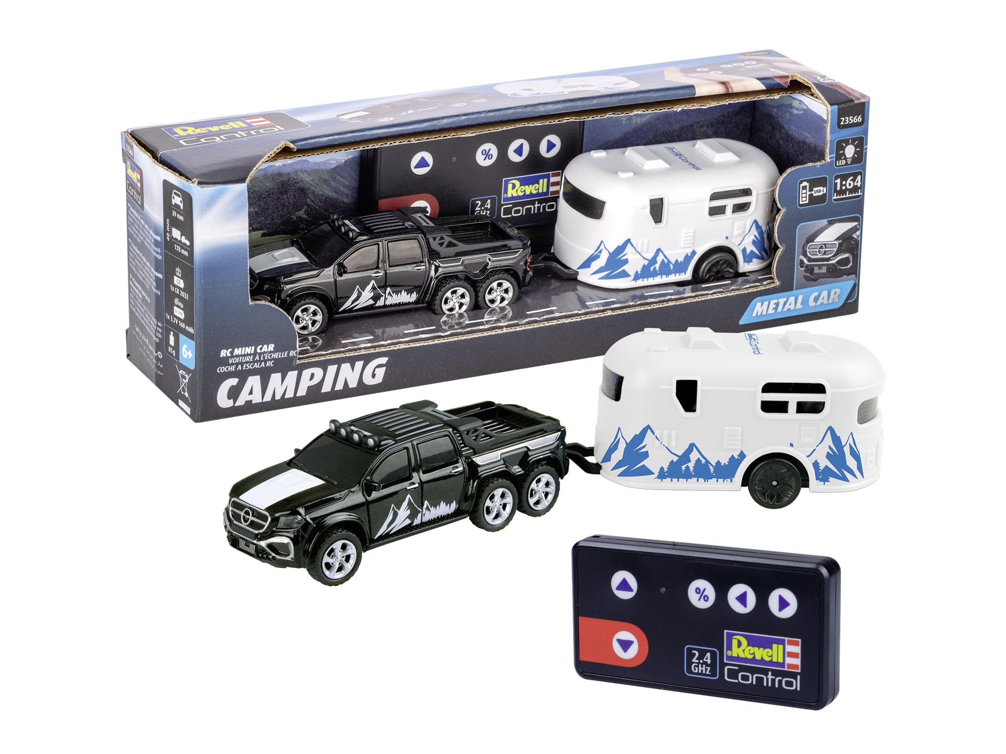 Revell Control 23566 Mini Remote Control Car with Camper, With Precise 2.4 GHz Control, 1:64 Scale, 14cm in length