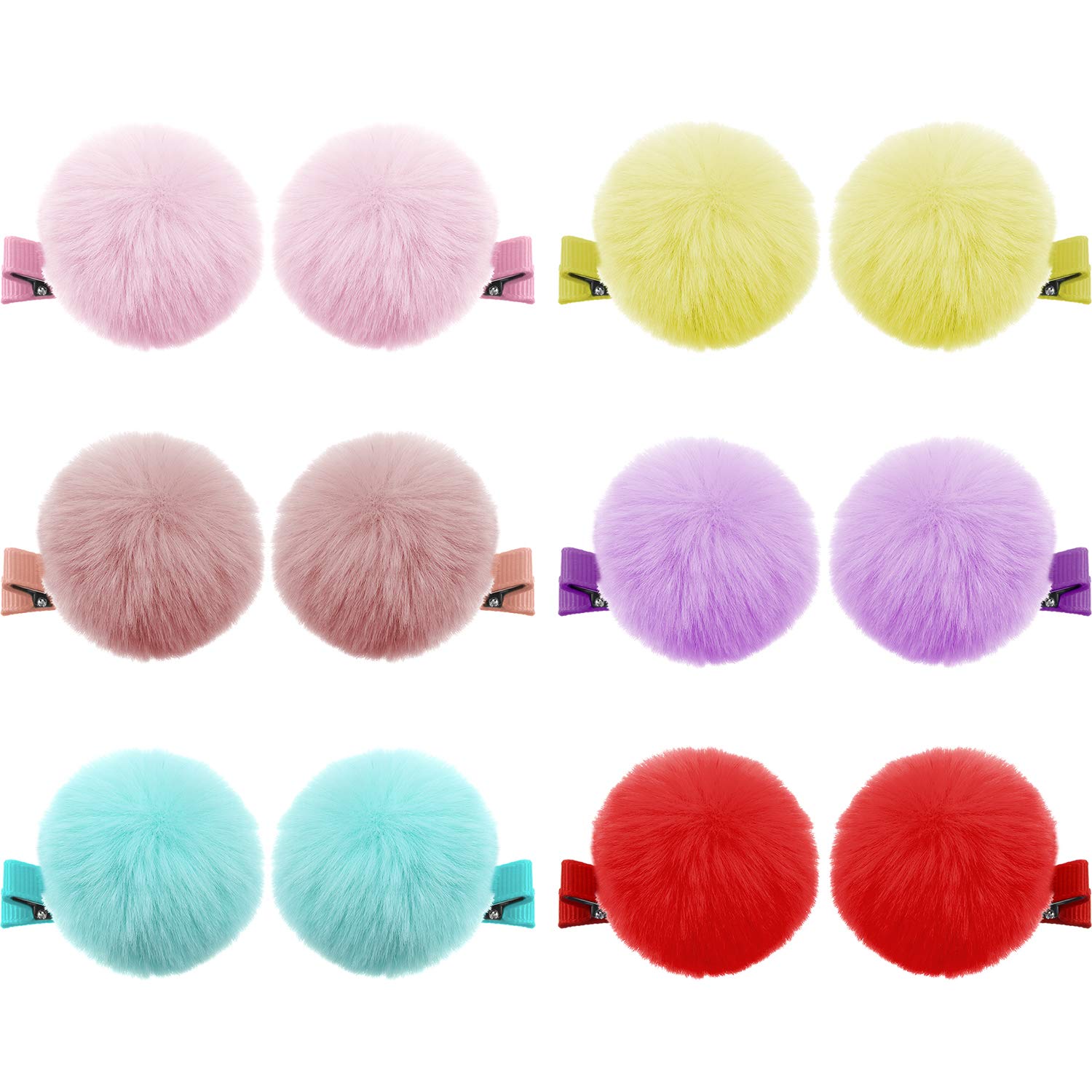 Photo 1 of Colorful Fluffy Fur Pom Pom Hair Clips and Barrettes for Toddlers, Baby Girls, and Women - 12 Pieces, 2", Fall/Winter Hair Accessories
