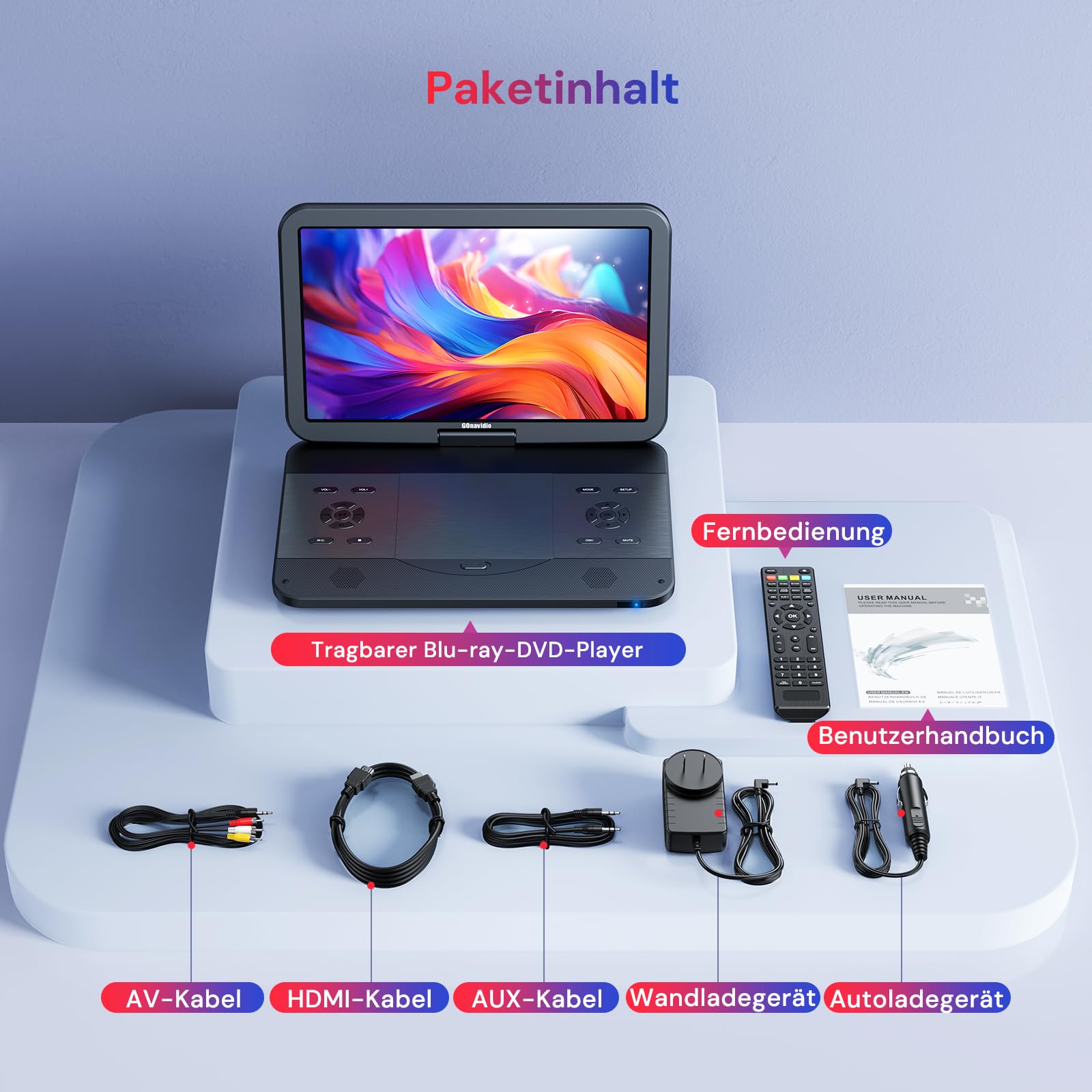 GOnavidio 15,4 Zoll Tragbarer Blu Ray DVD Player Mit HDMI Kabel, 270 ° drehbar HD 1920x1080, Blue Ray Player Tragbar Inklusive wiederaufladbarem 5 Stunden Akku USB/SD 9