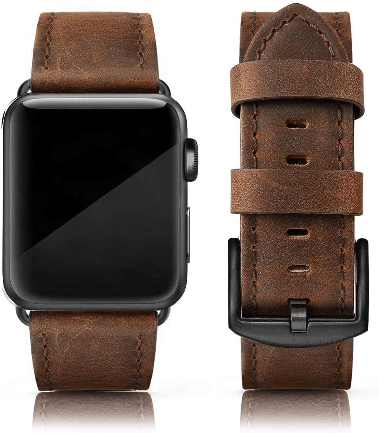 PARMPH Leather Strap Compatible with Apple Watch Band 42mm(Series 3/2/1) 44mm 45mm 46mm, Retro Vintage Genuine Leather Band Compatible with iWatch Series 10 9 8 7 6 5 4 3 2 1 SE Sports & Edition Men