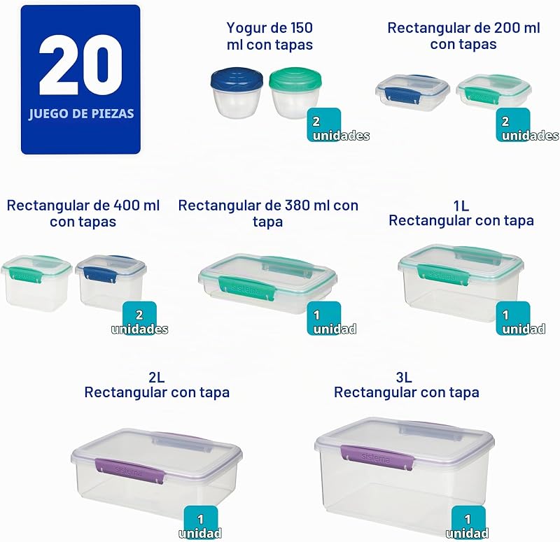 Recipientes para conservar alimentos Sistema | recipientes con tapa para preparar comidasfiambrerastáperes pequeños y más | Apilables y herméticos | Sin BPA | 20 unidades