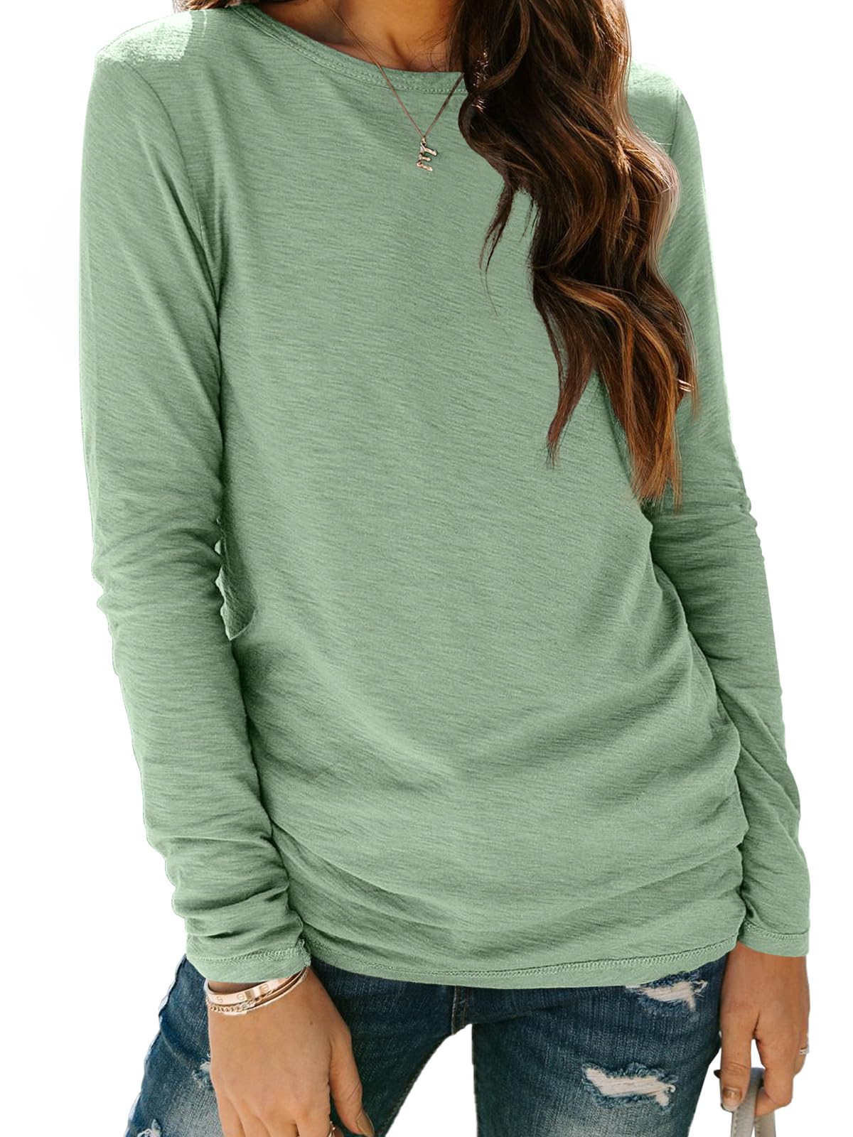 Photo 1 of AUTOMET Womens Long Sleeve Round Neck Shirts Basic Tee Fall Tops Outfits Clothes 2025 01lightgreen L