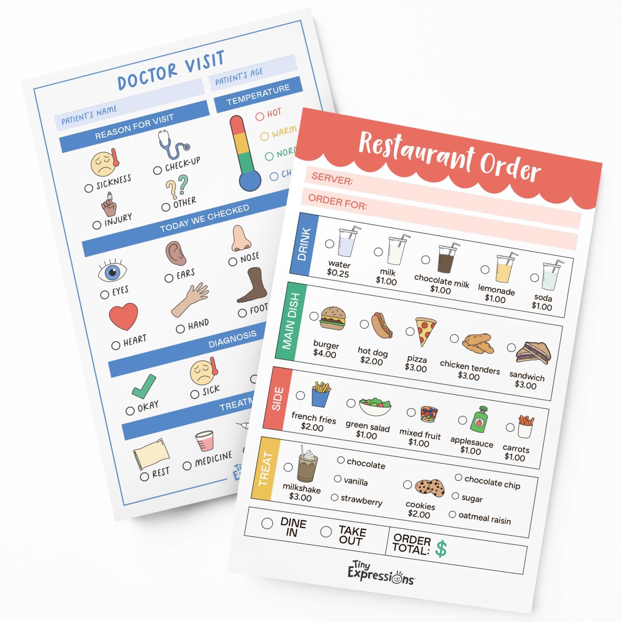 Photo 1 of Tiny Expressions Playtime Notepads - 2-Pack Kids Pretend Play Notepads - 40 Pages Order-Taking Restaurant & 40 Pages Doctor Visit Notepad - Waiter and Doctor Imaginative Role Play