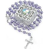 NCPLYGOU 8mm Rosary Beads Necklace, Rosary Beads Catholic for Men and Women Comes in a Metal Gift Box, First Communion Rosaries Necklace as Gifts(Purple)