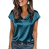 Zeagoo Women Silk Satin Tops Cap Short Sleeve Blouse V Neck Shirts Business Casual Outfits S-2XL