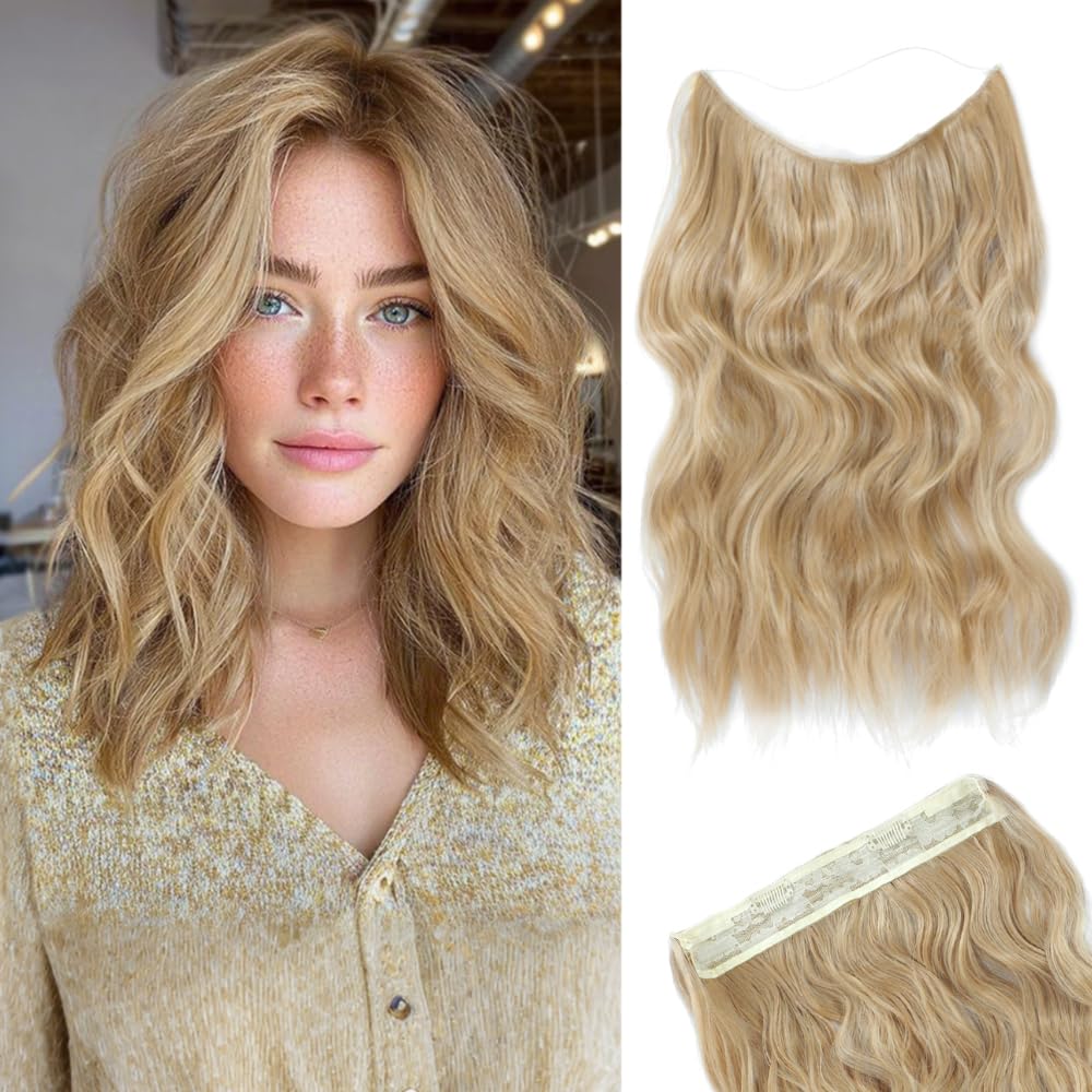 Natural Blonde Hair Extensions 12 Inch Hair Extension Invisible Wire Hair Extensions Synthetic Hair Pieces for Women Natural Wavy Hair Extension, Natural Volume for Daily, Party & Wedding — image 1