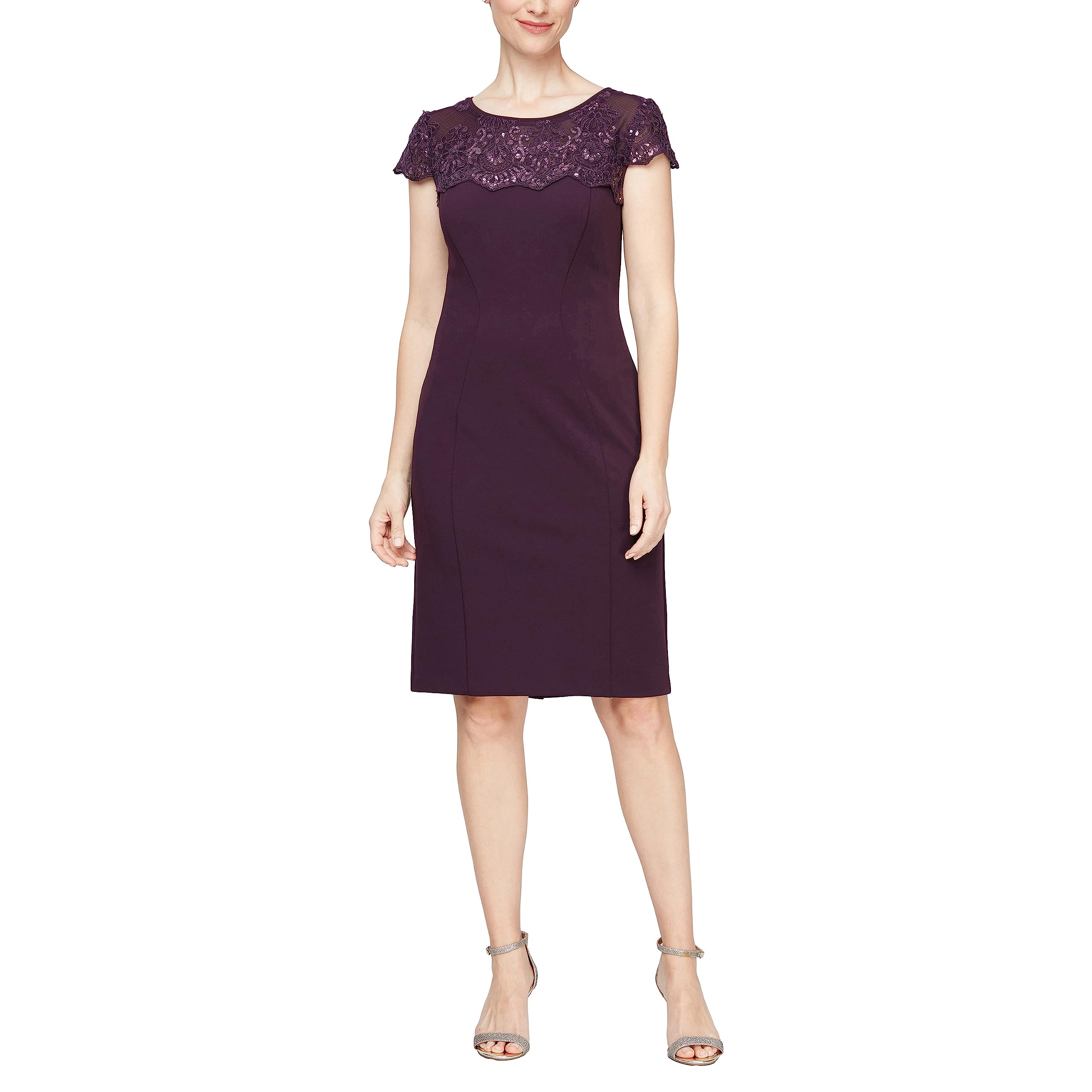 Alex Evenings Women’s Short Embroidered Cocktail Dress, Wedding Guest (Petite and Regular Sizes), Eggplant Crepe, 14