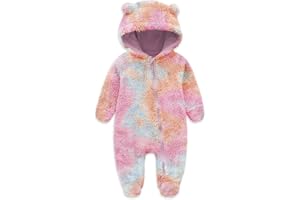 Jimonda Baby Tie Dye Snowsuit Winter Fleece Jumpsuit 0-18 Months, 100% Polyester Hooded Romper with Bear Ears for Infant
