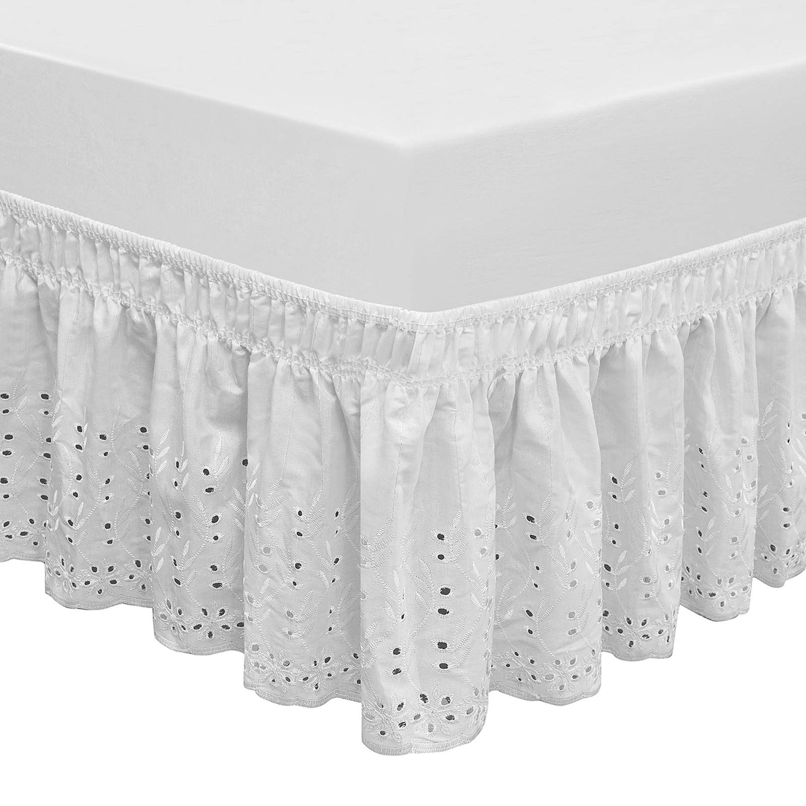 Photo 1 of QSY Home Wrap Around Elastic Eyelet Bed Skirts 14 1/2 Inches Drop Dust Ruffle Three Fabric Sides Easy On/Easy Off Adjustable Polyester Cotton(White Queen/King)