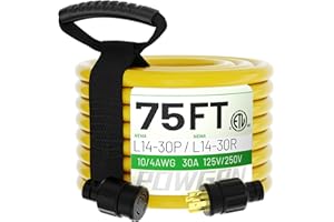 POWGRN 30-Amp Generator Extension Cord (75 Feet) 4-Prong 125/250V 7500W, NEMA L14-30P/L14-30R,10 Gauge SJTW Locking Power Cord for Transfer Switch, Portable Generators,Yellow 75ft Generator Cable