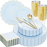 LIYH 210 Pcs Light Blue Plastic Dinnerware Set - Baby Blue Plastic Plates Napkins with Gold Foil Include Bridal Shower Plates Disposable Gold Silverware Napkins Cups for Birthday 30 Guests