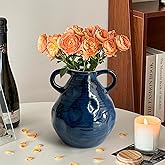 LIFFY Blue Ceramic Vase for Flowers, 6.3 Inch Tall Modern Farmhouse Centerpiece with Double Handles, Vintage Rustic Decorative Vases Home Table Decor (Navy Blue)