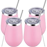 MEWAY 12oz Insulated Wine Tumbler with Lid and Straw - Double Wall Vacuum Stainless Steel Wine glass, Ideal for Travel and Office, Baby shower prizes for winners(Pink,Set of 4)