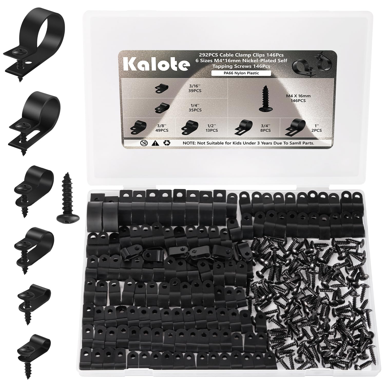 Cable Clamps, 292PCS Cable Clips for Management Cord Organizer, 6 Sizes-3/16'' 1/4'' 3/8'' 1/2'' 3/4'' 1'' Black PA66 Nylon R-Type Plastic Screw Mounting Cord Clamp Assortment Kit with M4 Screws