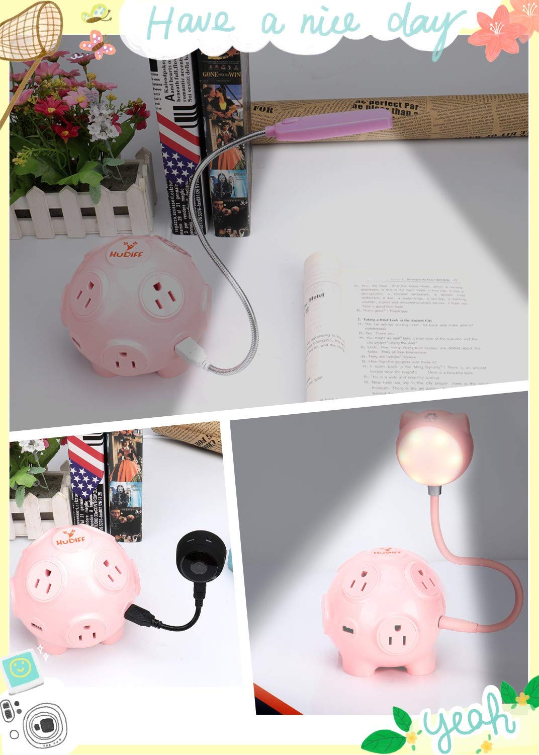 KuDiff Cool USB Charging Station with Power Strip 4 USB 8 AC Outlets and 10 Ft Cable 2000W High Power Cute Pig Toy 3D Cube Housing Fireproof Smart Charging for Home Use Gift Choice for Lady and Kids