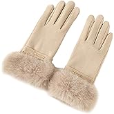 Lifup Women's Winter Suede Gloves with Fur Cuffs, Stretch Fleece Gloves with Touchscreen for Cold Weather