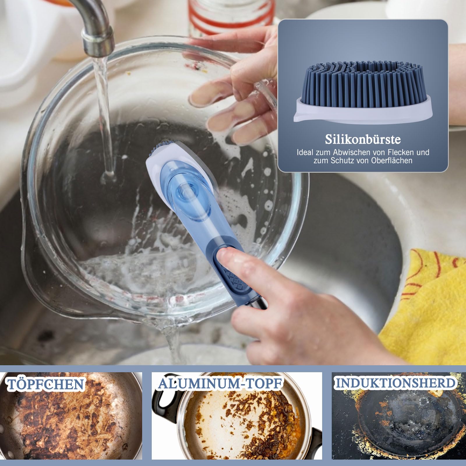 Masthome Spülbürste mit Spülmittelspender, Befüllbare Spülbürste, 4 Verschiedenen Ersatzköpfen, Multifunktional Küchenbürste Reinigungsbürste, Geschirrbürste für Geschirr, Töpfe, Spülen Reinigung 6