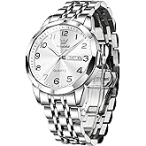 Men's Casual Stainless Steel Watch, Big Face Easy to Read Analog Quartz Watch with Day and Date, Classic Waterproof Diamond Roman Arabic Numerals Dial Dress Watch for Men, Gold Silver Black Band