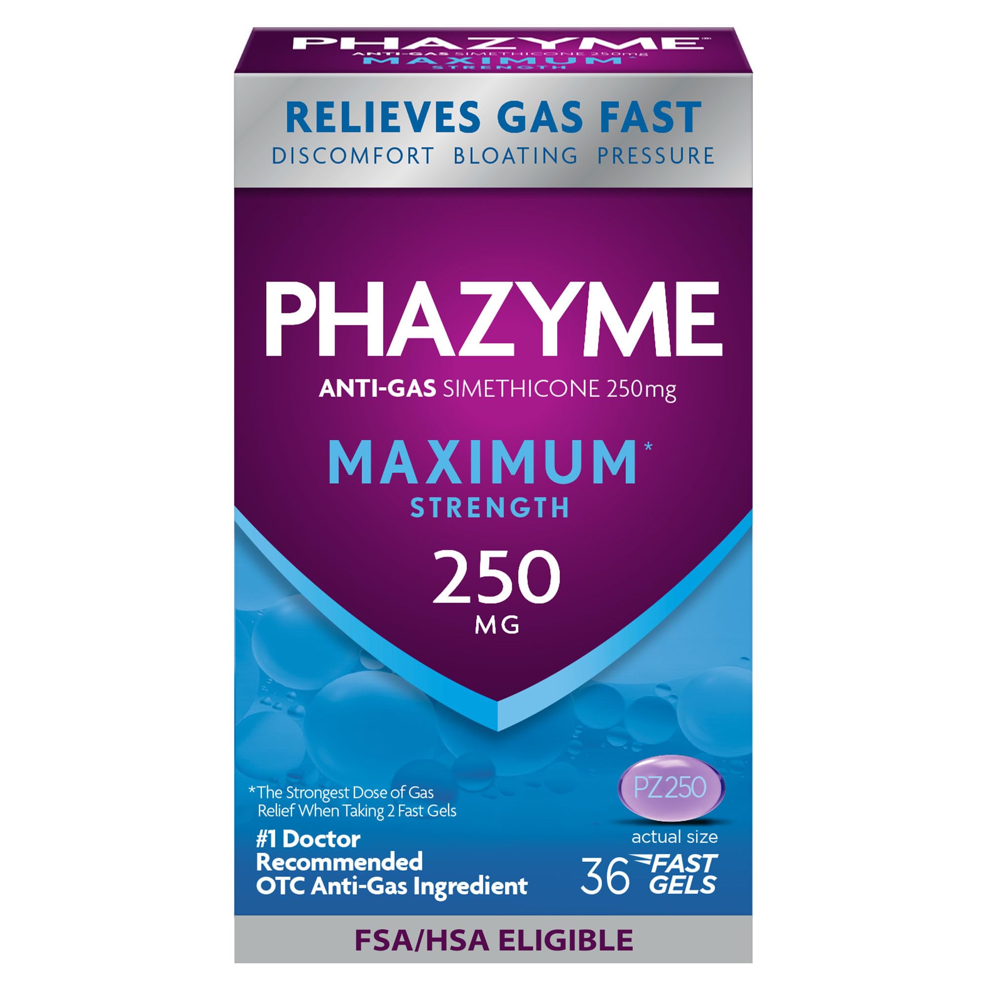 Photo 1 of Phazyme Maximum* Strength Anti-Gas 250 mg Simethicone Gas Relief for Adults, Fast Gels Quickly Ease Bloating, Pressure & Discomfort, 36 Count
exp date 02/2026