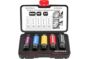 BILITOOLS 1/2 inch Drive Impact Lug Nut Socket Set, 15 17 19 21 22 MM Non-Marring Thin Wall Wheel Protector Nut Socket