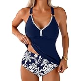 Aleumdr Tankini Swimsuits for Women 2 Piece Tummy Control Bathing Suit V Neck Tankini Top with High Waisted Bottom