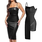 Popilush Leather Dress for Women Shapewear Slimming Midi Dress Side Zipper Square Neck Bodycon for Cocktail Party Club