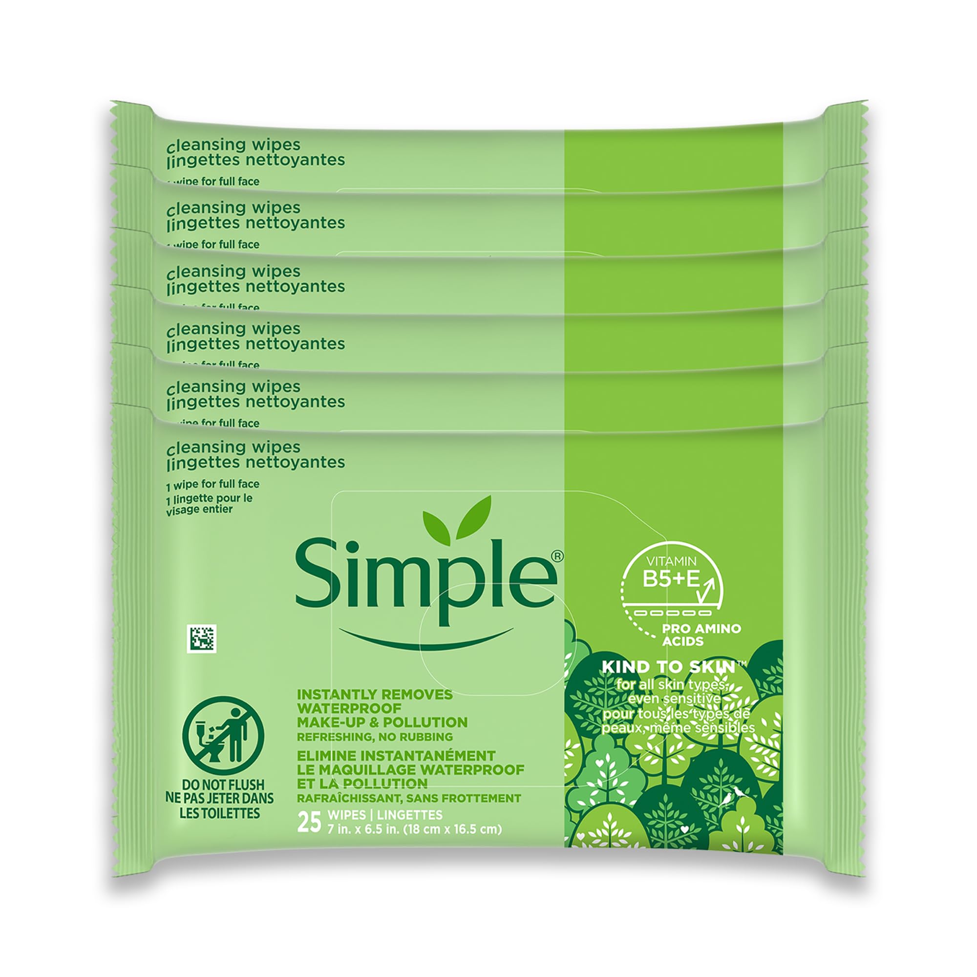 Simple Kind To Skin Cleansing Makeup Remover Wipes - Vegan Facial Cleanser Wipes with Vitamin B5 and E - Removes Waterproof Makeup - 6 pc Image