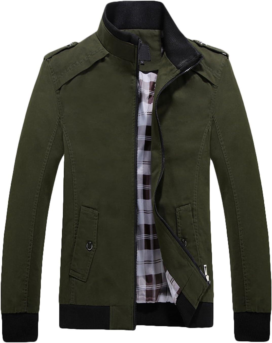 Youhan Men's Casual Fitted Stand Collar Cotton Jacket with Shoulder Straps