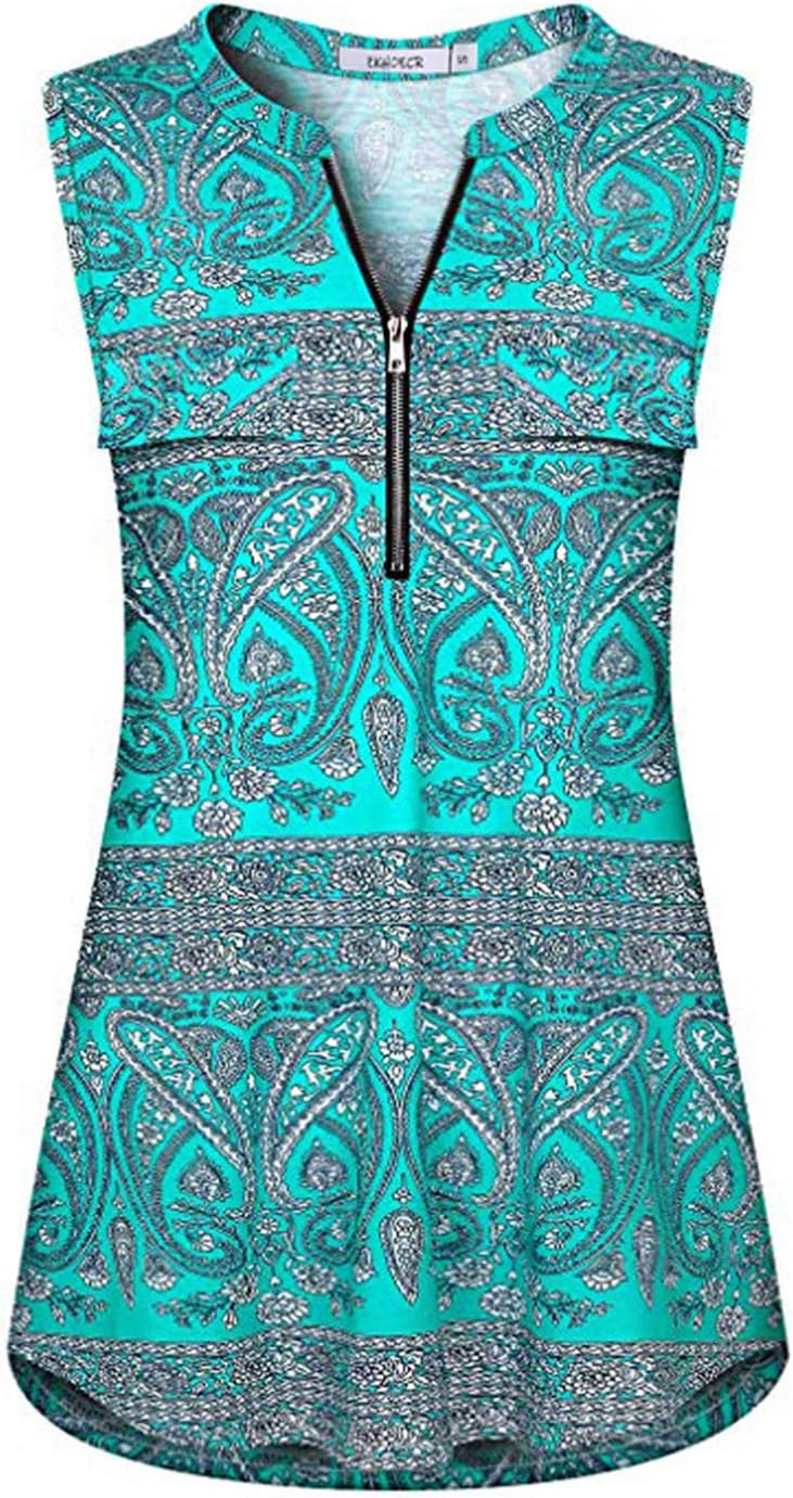 ZKHOECR Women's V Neck Zip Up Casual Tank Top Printing Sleeveless Blouse Shirts