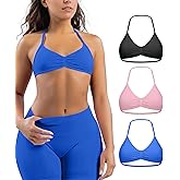 Comper Women's 3 Pack Strappy Bras Halter Bra Seamless Open Back Sports Bras Casual Bralette Crop top with Removable Cups