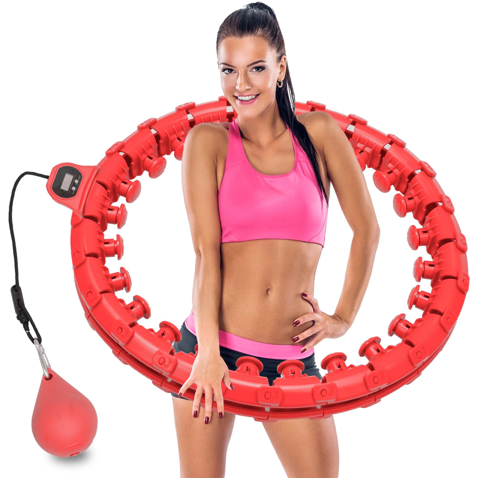 Weighted Hula Hoop, 24 Detachable Knots,Lightweight Adjustable Hula Ring Hoops for Adults and Children Fitness Exercise and Fun. (Red)