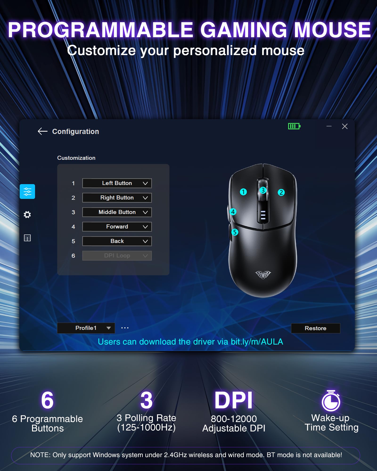 AULA SC580X Wireless Gaming Mouse, Tri-Mode 2.4G/BT5.0/USB-C Gaming Mice with 12000 DPI, 6 Programmable Buttons, Rechargeable Computer Mouse for Laptop/PC/Mac/Tablet