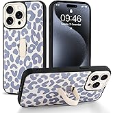 Jefonha Compatible with iPhone 15 Pro Case with Finger Hand Strap Kickstand, Trendy Cool Leopard Cheetah Print Phone Case for Women Men, Full Camera Protection Shockproof Protective Cover, White