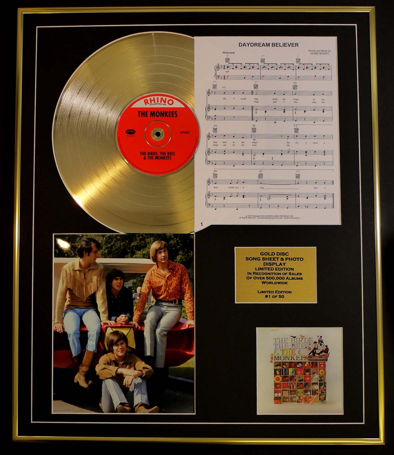 THE MONKEES/CD GOLD DISC, SONG SHEET & PHOTO DISPLAY/LTD. EDITION/COA/ALBUM, BIRDS, BEES, MONKEES/SONG SHEET, DAYDREAM BELIEVER